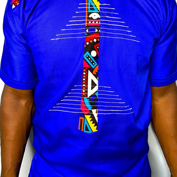 Men’s African Clothing Print Blue/Royal Blue African Top Mens Sizes S-XL - Picture 4 of 4